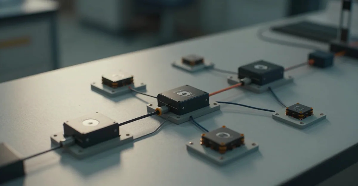 Abstract illustration of small modules plugged into a larger system, representing a LoRA adapter added to a frozen AI model