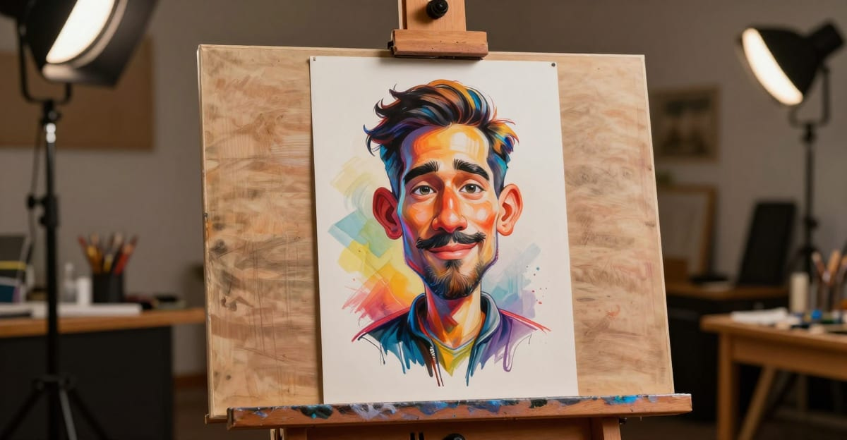 Professional artist easel displaying a colorful AI-generated caricature portrait with exaggerated features in a warm studio setting