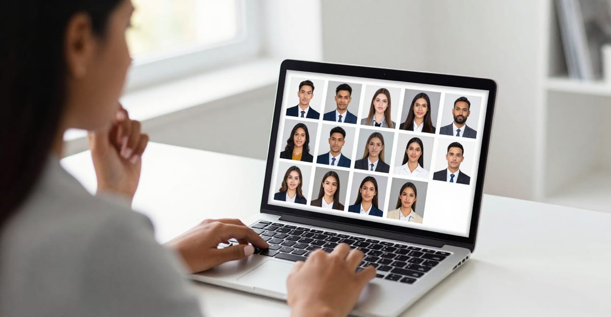 A professional woman reviewing a grid of AI-generated LinkedIn headshots on a laptop screen, comparing styles and backgrounds