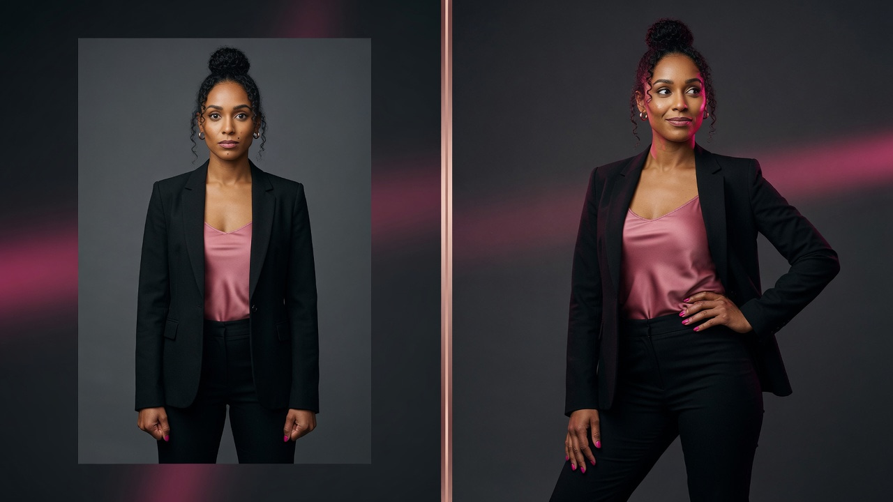 Same person in two poses — stiff photo vs confident three-quarter stance