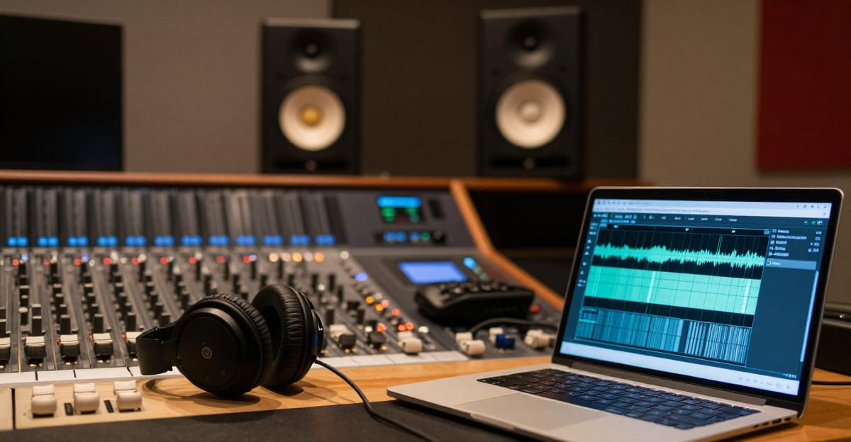 Professional music production studio with mixing console, studio monitors, headphones, and a laptop showing waveform visualization in warm ambient lighting
