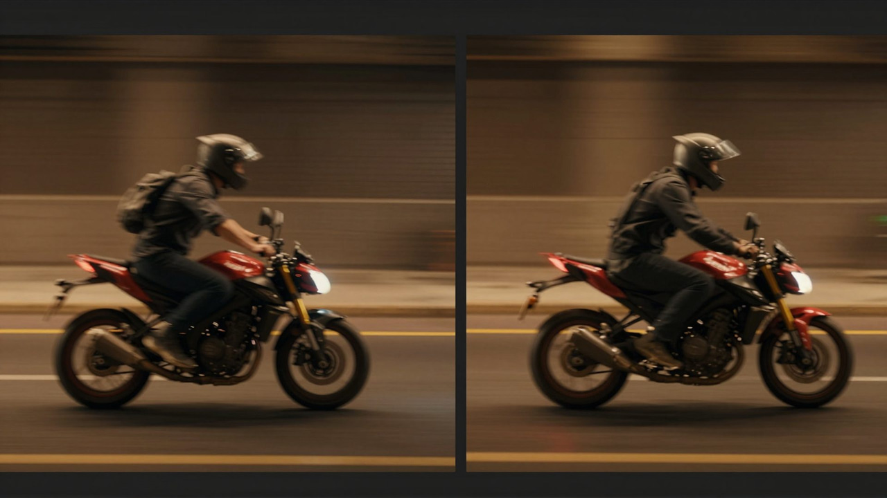 Split frame of a motorcyclist in motion, illustrating the smoother motion of 60fps interpolation