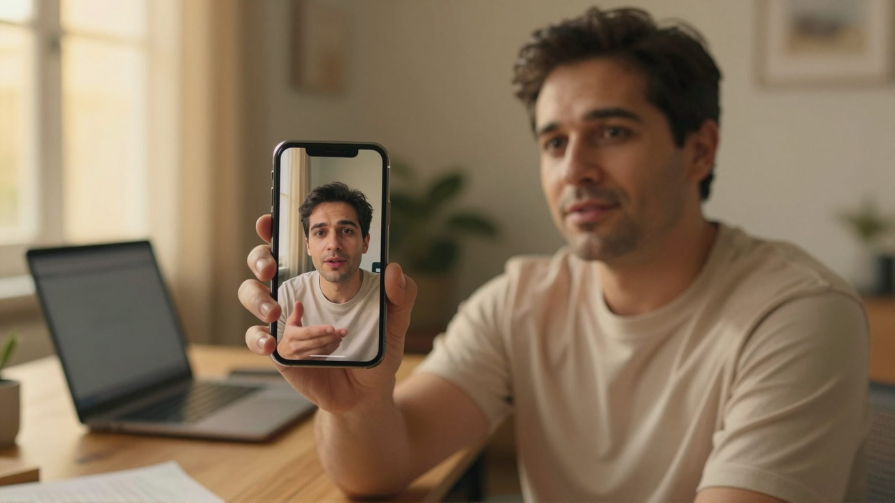 A professional at a desk reviewing a vertical talking-head reel of themselves playing on a smartphone, generated from a single photo