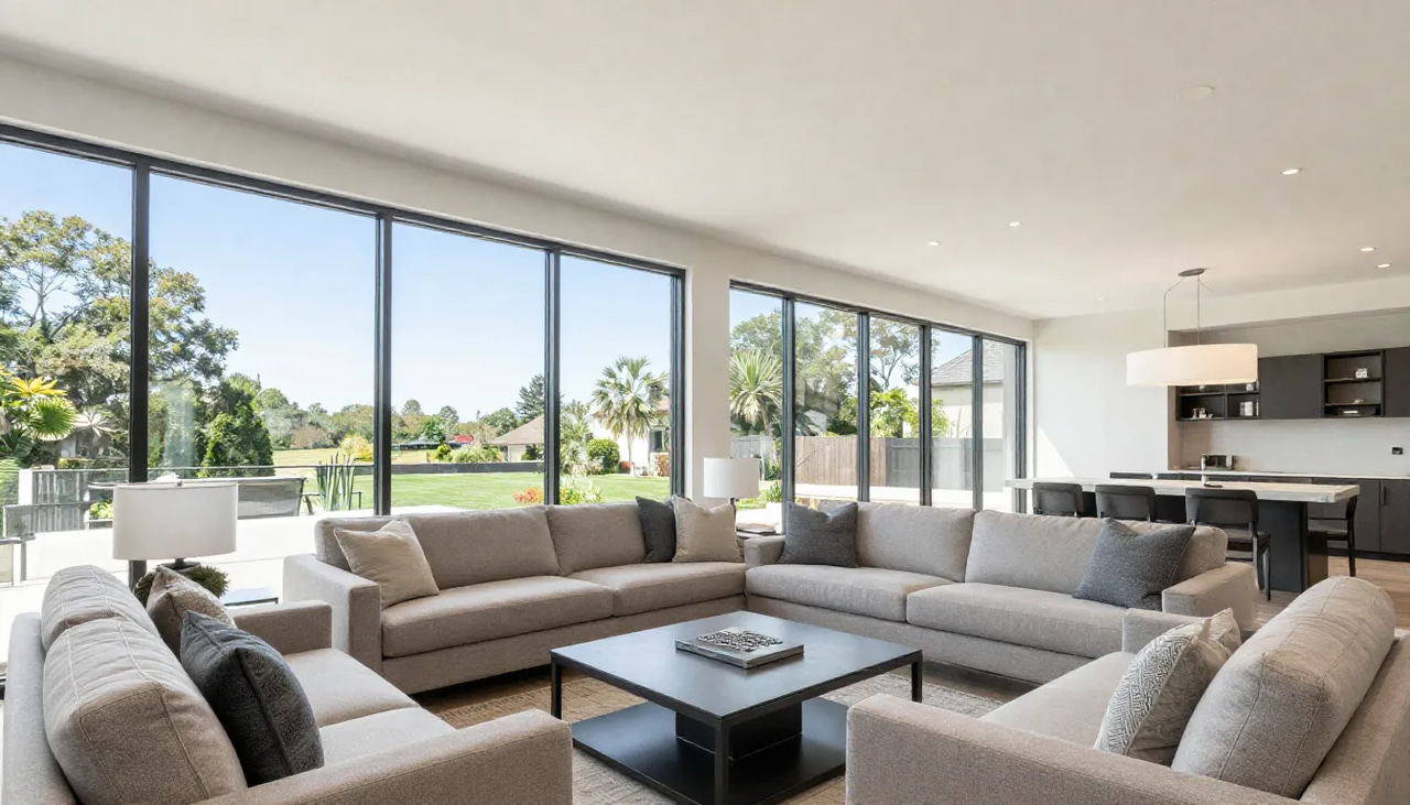 A bright, sunlit kitchen listing photo being transformed into a vertical real estate reel on a smartphone screen