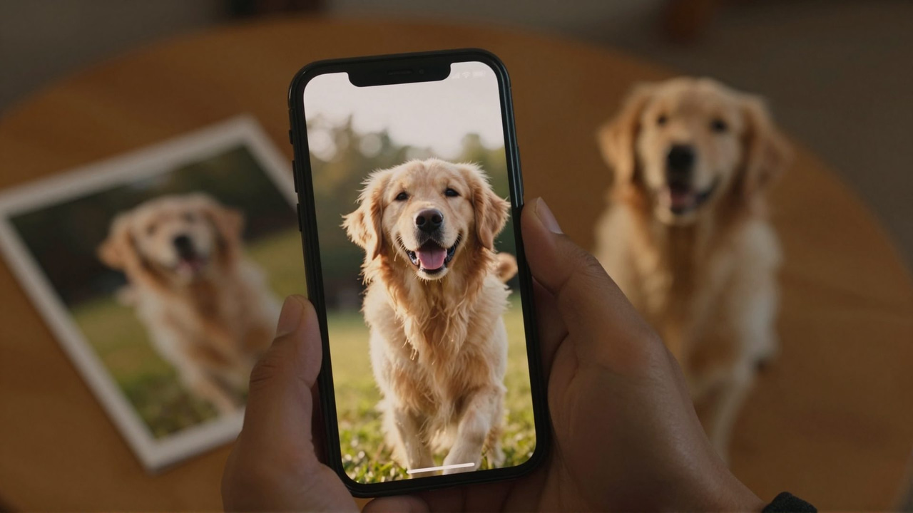 A smartphone playing a vertical reel of a golden retriever in warm evening light, held above the original printed photo it was made from