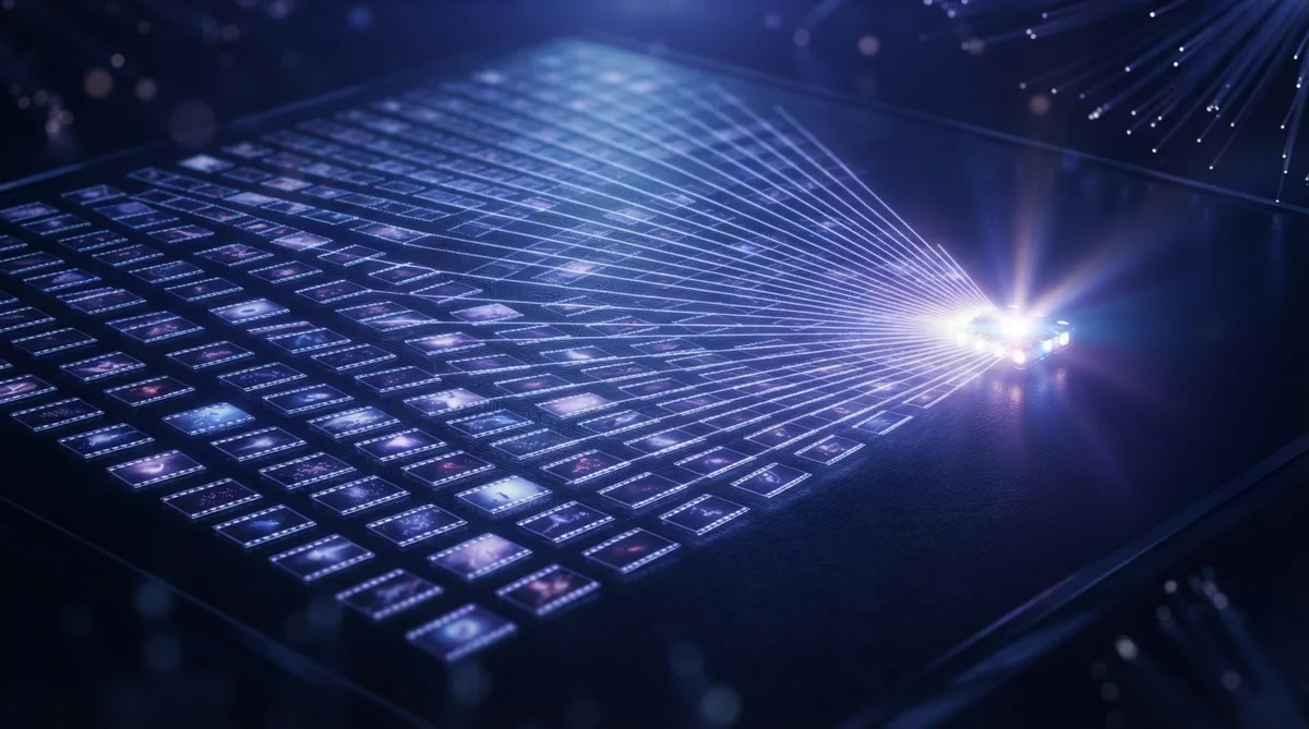 Abstract grid of glowing tiles representing a set of video clips prepared for LoRA training