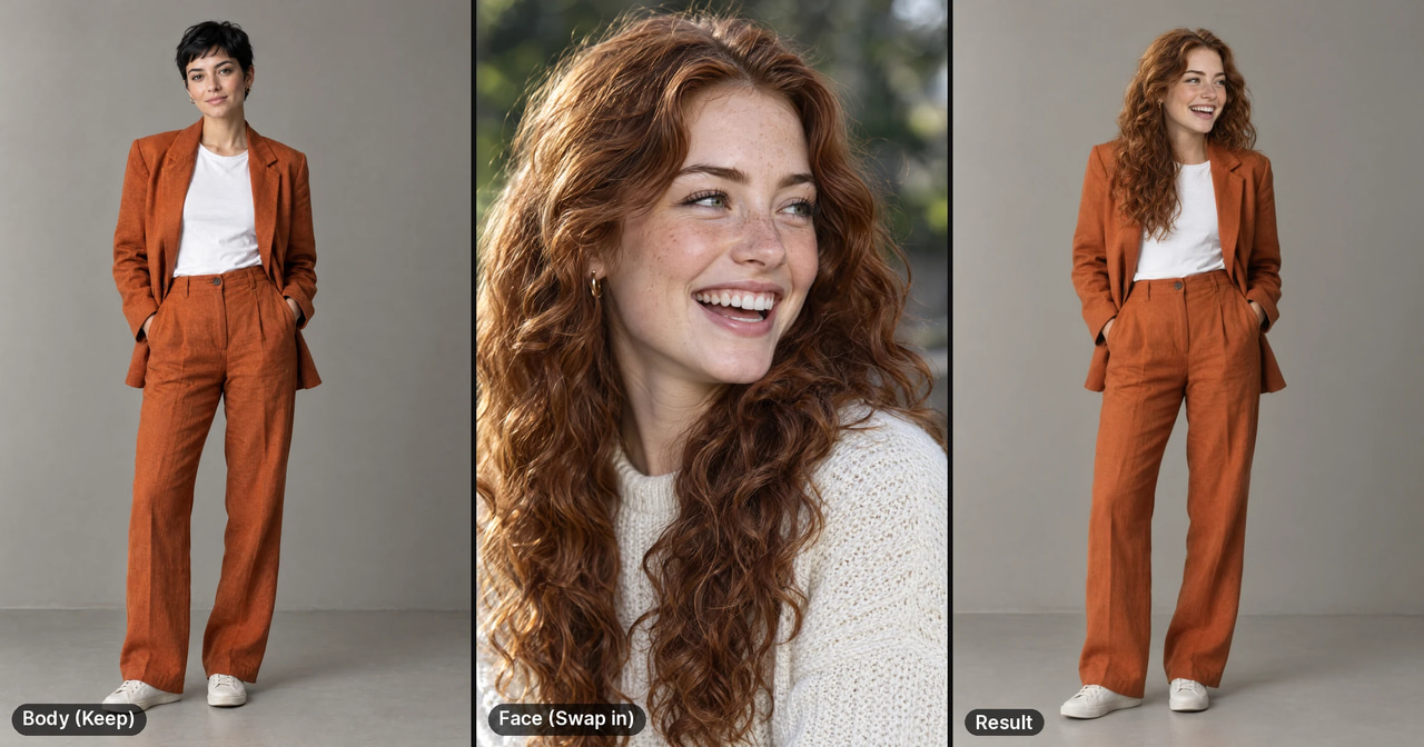 Head swap in three panels: a woman with a short black pixie cut in a rust linen suit, a different woman with long curly auburn hair, and the result with the suit, pose and background kept and the curly head swapped in