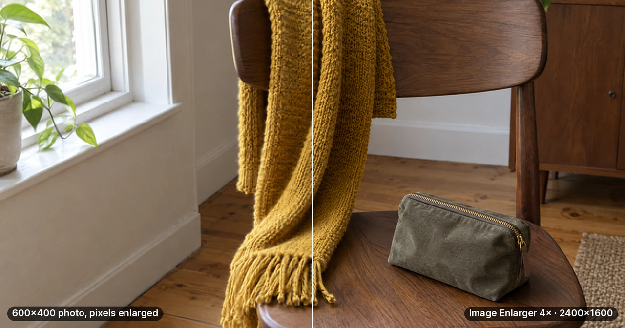 Demonstration: a 600 by 400 photo of a knitted mustard scarf on a wooden chair, left half with its pixels enlarged, right half enlarged four times by the Image Enlarger's on-device model