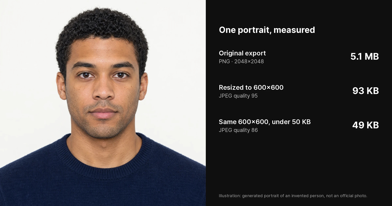 Demonstration: a generated passport-style portrait of an invented man with measured file sizes: 5.1 MB as a 2048-pixel PNG, 93 KB at 600 by 600 and quality 95, 49 KB at 600 by 600 compressed under 50 KB