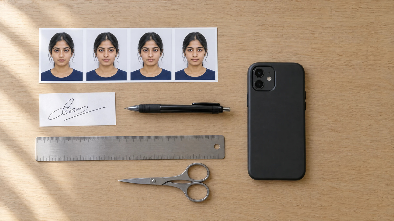 Illustration: overhead view of a wooden desk with a strip of four passport-size photos of a young woman, a signed white slip, a pen, a steel ruler, scissors and a phone lying face down