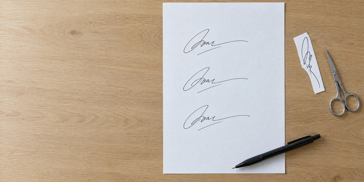 Illustration: a sheet of white paper on an oak desk with one signature written three times in black ink, one below the other, beside a trimmed paper strip with a signature, small scissors and a black pen