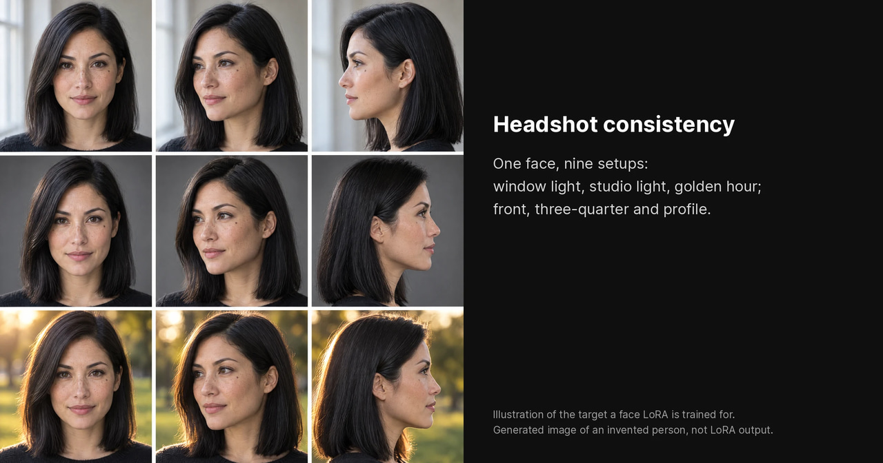 Illustration: nine generated headshots of one invented woman with a black bob in window light, studio light and golden hour, from front, three-quarter and profile angles