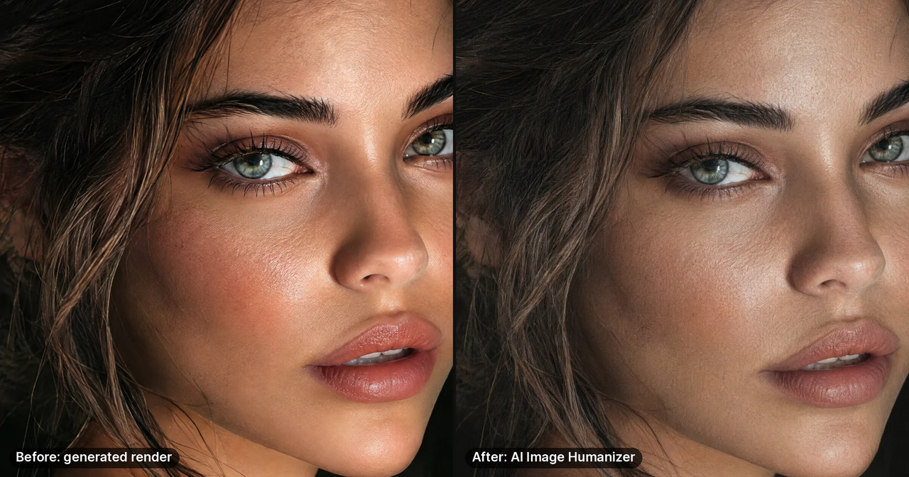 The same generated portrait before and after Imagera AI Image Humanizer: glossy blush and highlights on the left, muted colour, matte skin and finer texture on the right