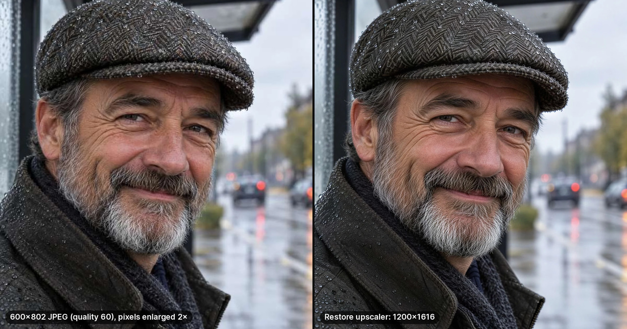 A 600-pixel JPEG portrait of an invented bearded man in a rain-beaded tweed cap, beside a restoration upscaler's 1200-pixel output with sharper herringbone weave, beard hairs and droplets