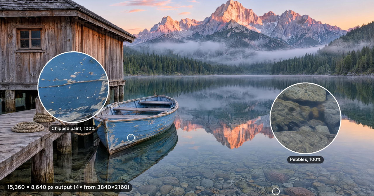 A generated lakeside boathouse scene upscaled to 15,360 by 8,640 pixels, with two magnified circles showing chipped boat paint and lake-bed pebbles at full resolution