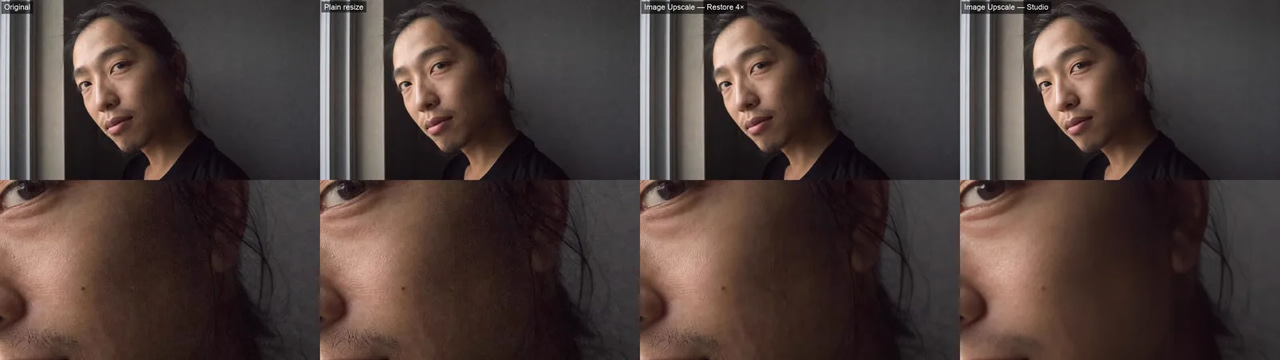 Grainy AI-generated portrait enlarged four ways: original, plain resize, Restore 4× and Studio, with zoomed crops of skin and hair