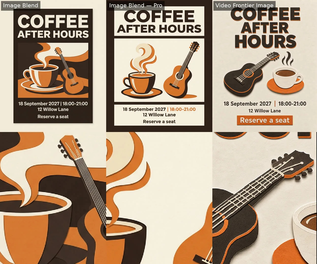 Three AI posters reading COFFEE AFTER HOURS in a cream and espresso palette with a coffee cup and acoustic guitar
