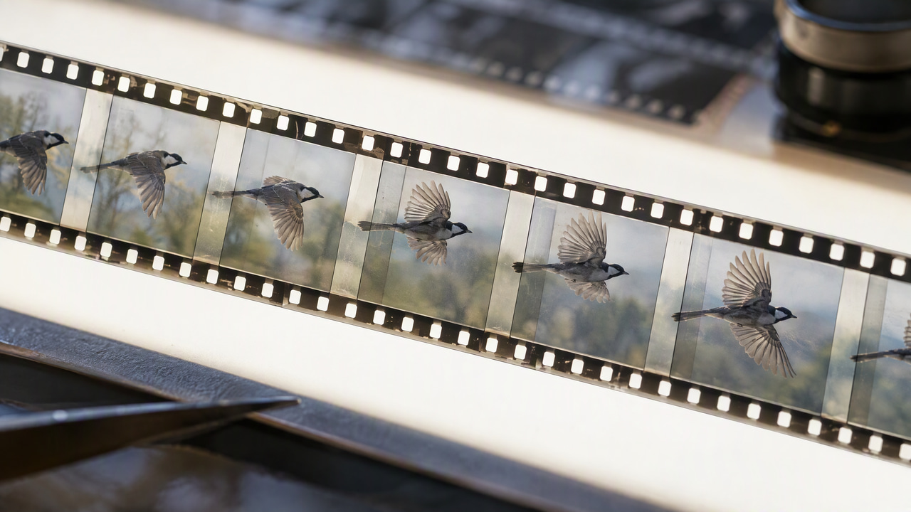 Film frames of a bird in flight on a lightbox with extra frames slotted between them to smooth the wingbeat
