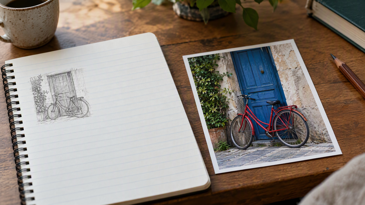 Notebook with a pencil sketch of a bicycle at a door beside a printed photo of a red bicycle against a blue door