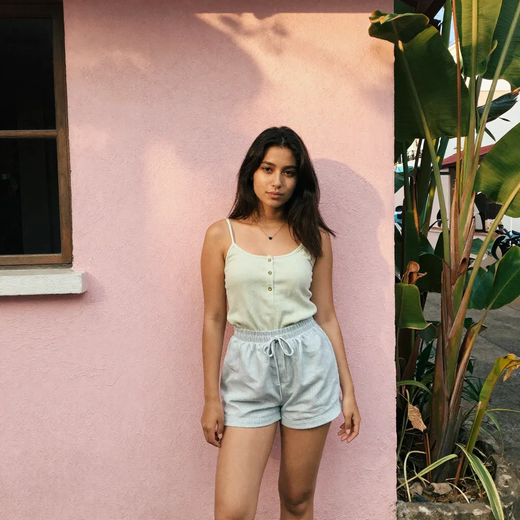 Illustration: a young woman with long dark hair in a pale green top and denim shorts standing against a pink stucco wall beside tropical plants, warm afternoon light