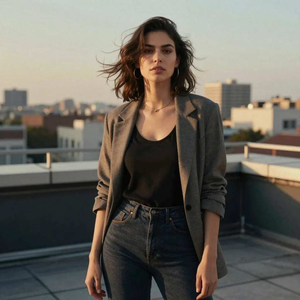 Illustration: a woman with wind-blown dark wavy hair in a grey blazer and jeans on a rooftop terrace at dusk, city skyline behind her