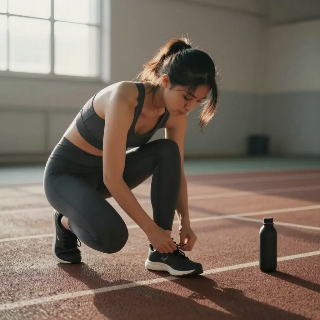 Illustration: a woman in black athleisure crouching to tie her shoe on an indoor running track, a water bottle beside her