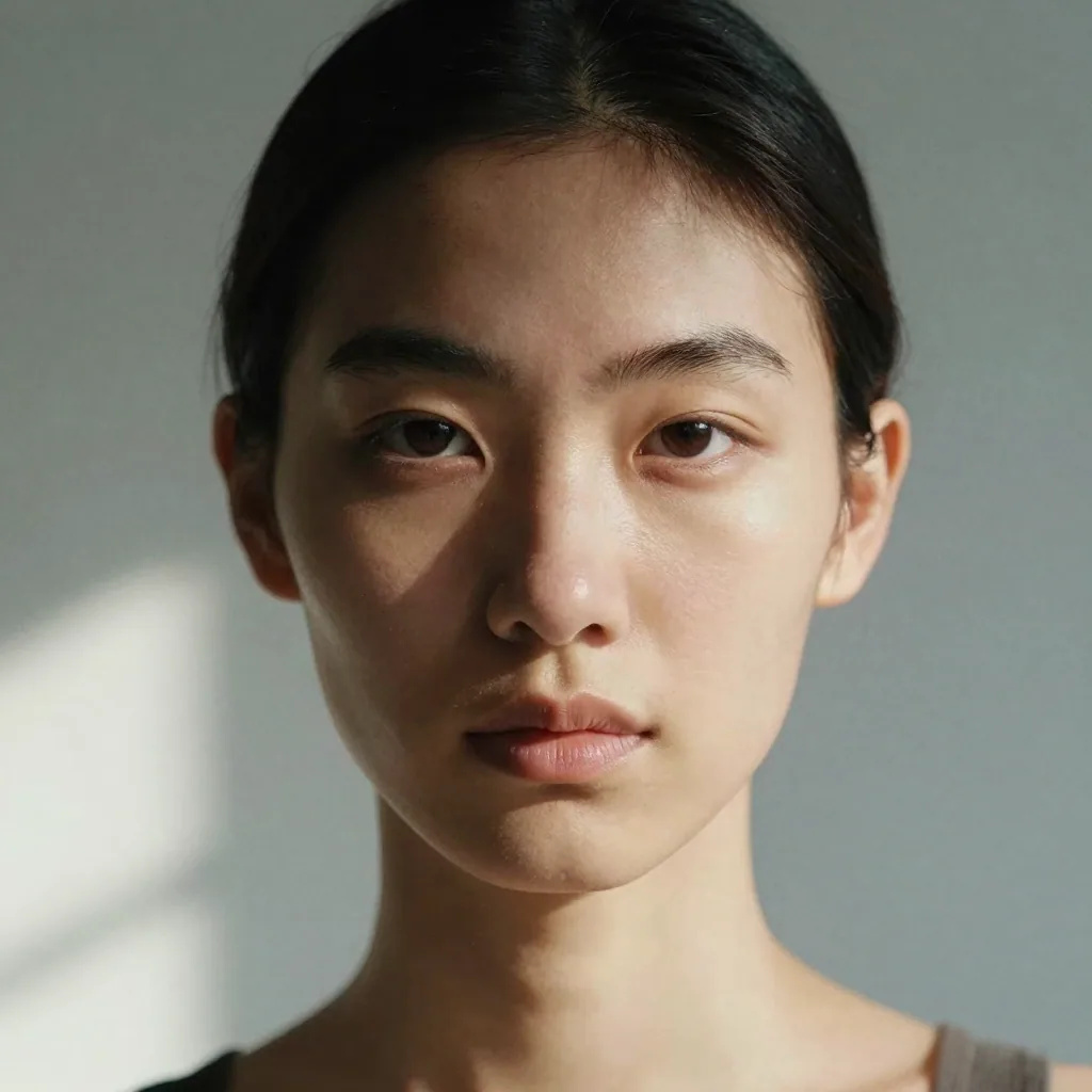 Illustration: a close-up portrait of a young woman with hair pulled back against a plain grey wall, soft side light and natural skin texture