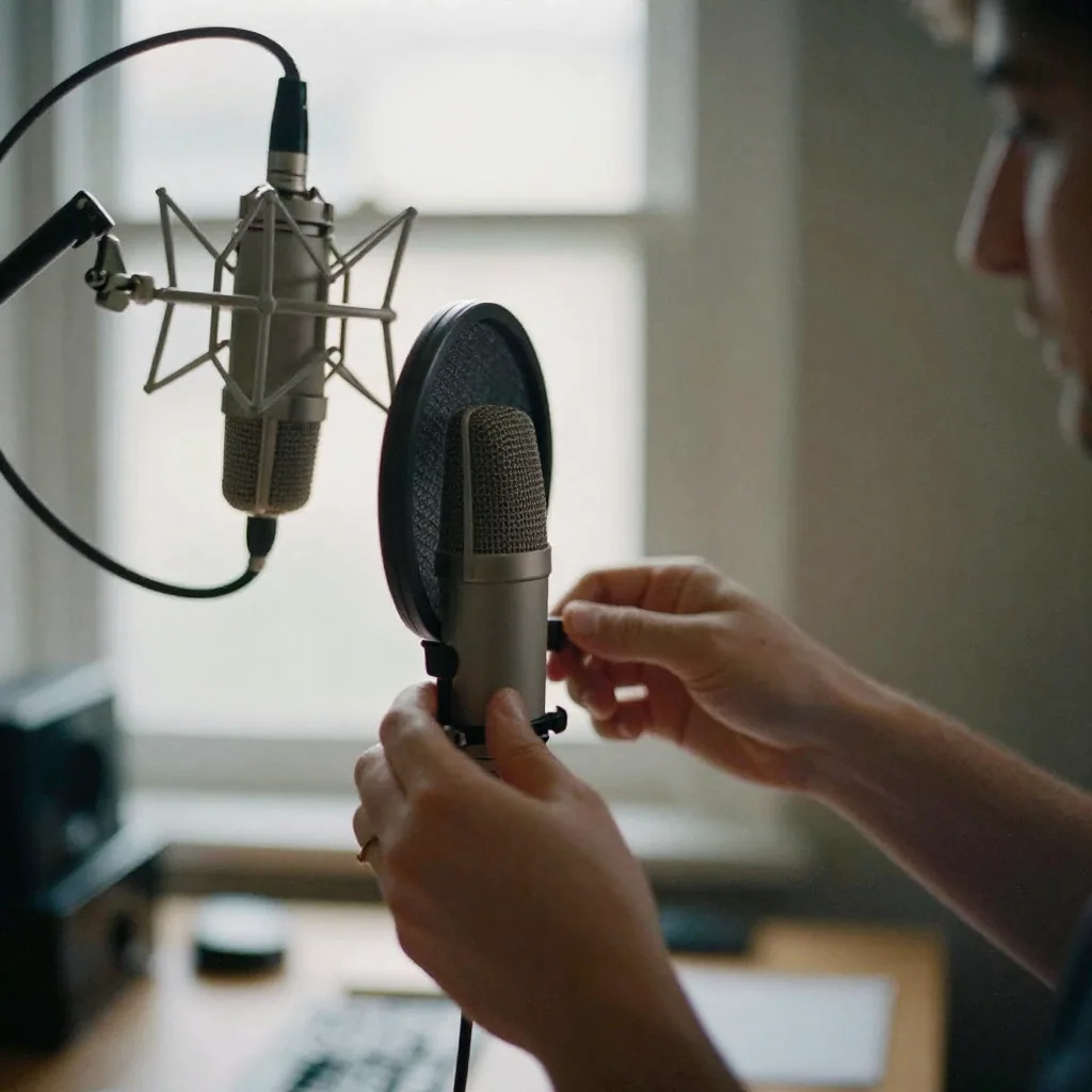 Illustration: hands adjusting a condenser microphone and its pop filter on a boom arm at a desk by a bright window