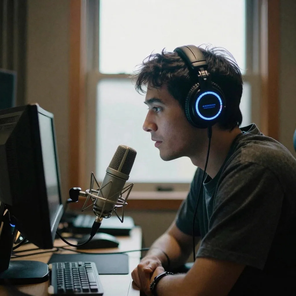 Illustration: a young man in headphones with a glowing blue ring speaking into a desk microphone in front of a computer monitor