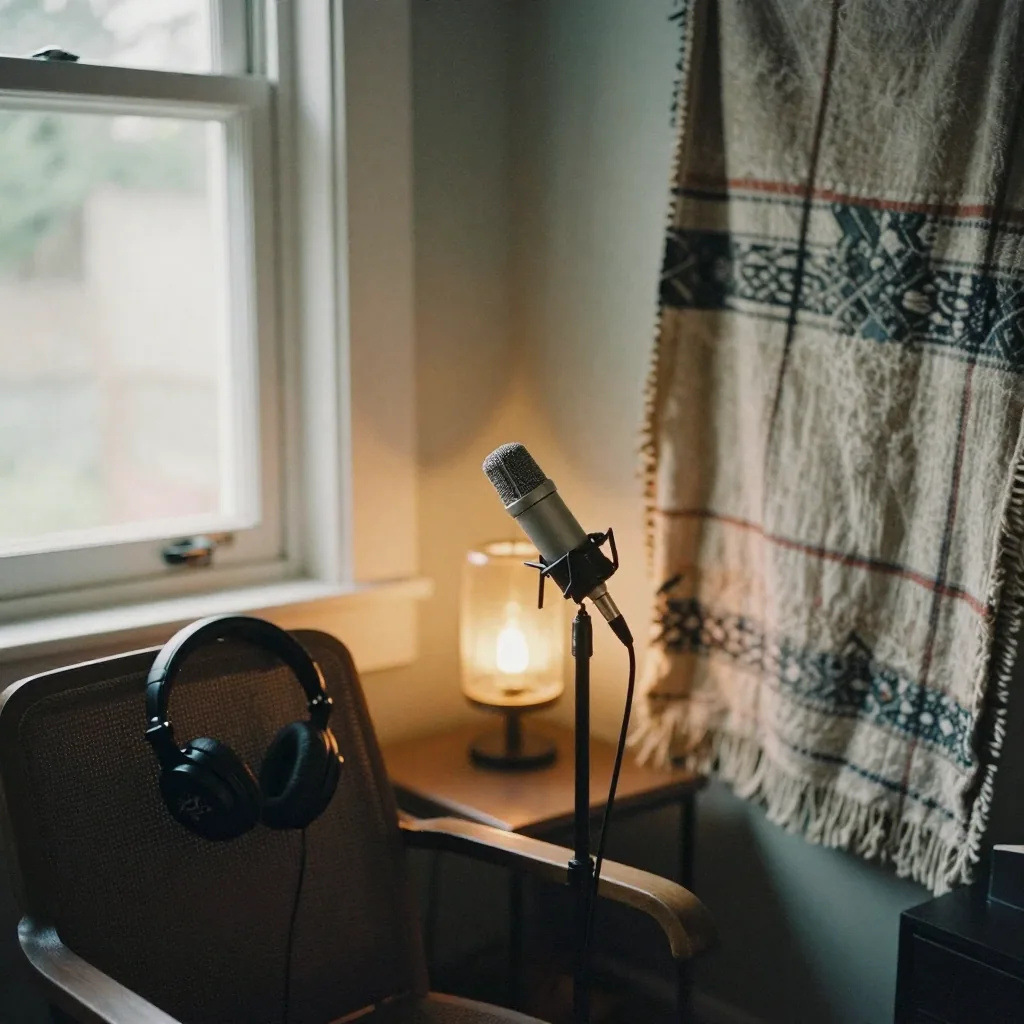 Illustration: an empty home podcast corner at dusk — headphones on a chair, a microphone on a stand, a warm lamp and a woven blanket on the wall