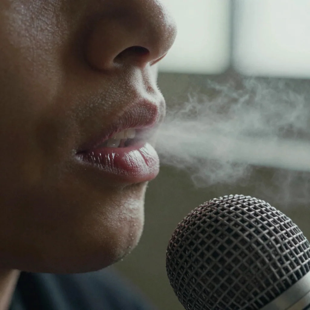 Illustration: extreme close-up of a speaker’s lips beside a metal-grille microphone, a faint cloud of breath in the air
