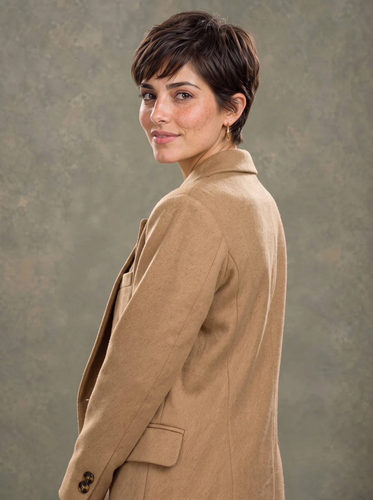 The same woman, coat, pose and backdrop, with her hair changed to a short textured pixie cut with side-swept bangs