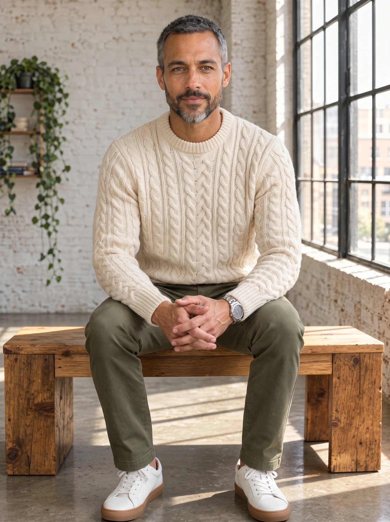 The same man, pose, bench and loft, now wearing a cream cable-knit sweater, olive chinos and white leather sneakers