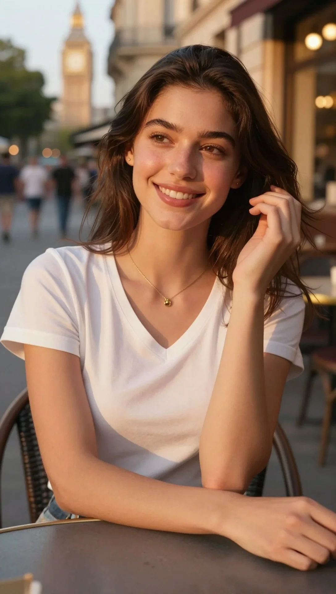 A different woman with loose, shoulder-length wavy brown hair at an outdoor café table in warm light. Head picture: taken outdoors, in warmer light.