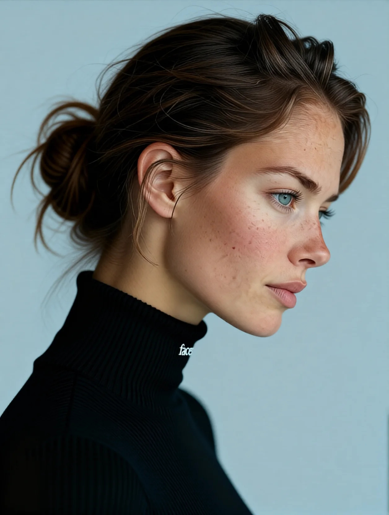 The same woman turned to a right profile with the head tilted down, freckles and hair styling kept