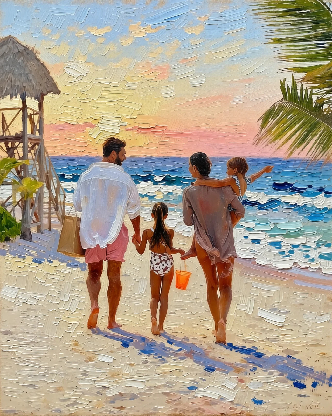 The same family and beach rendered as an oil painting with thick, visible impasto brushstrokes across the sky, sand and waves