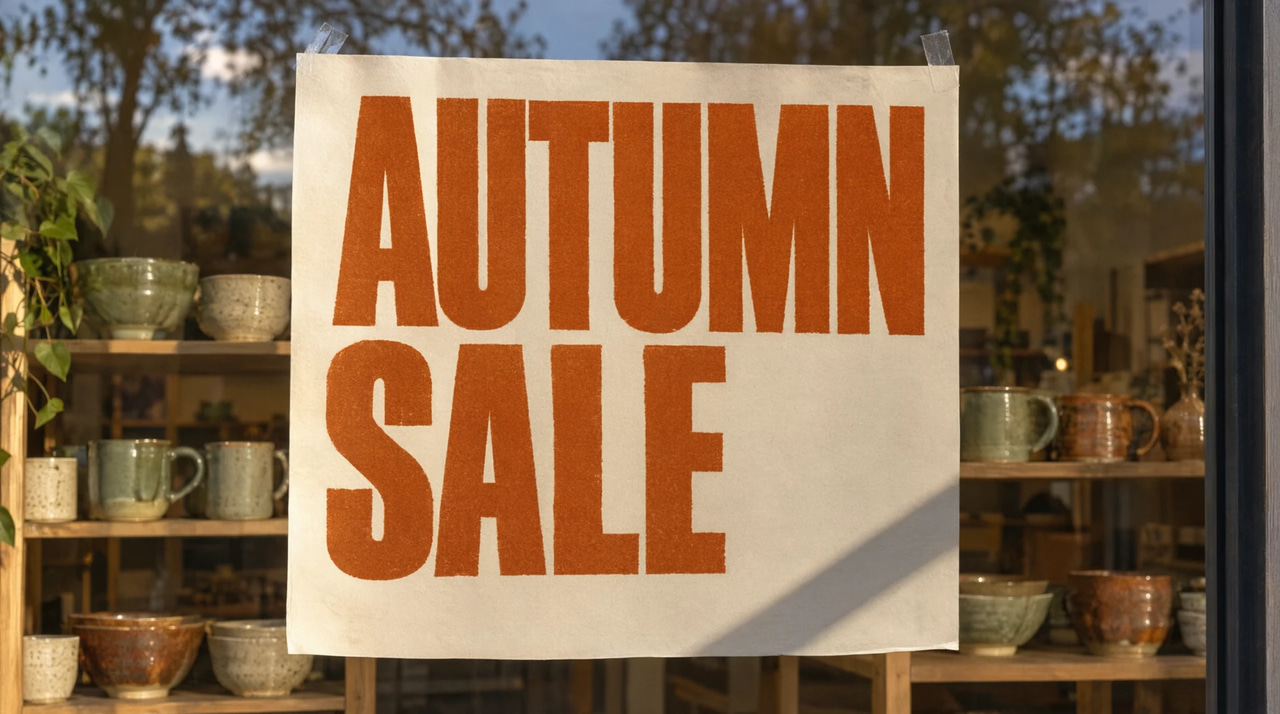 A shop-window poster after one AI text edit: it now reads AUTUMN SALE in burnt orange where it read SPRING SALE in cobalt blue