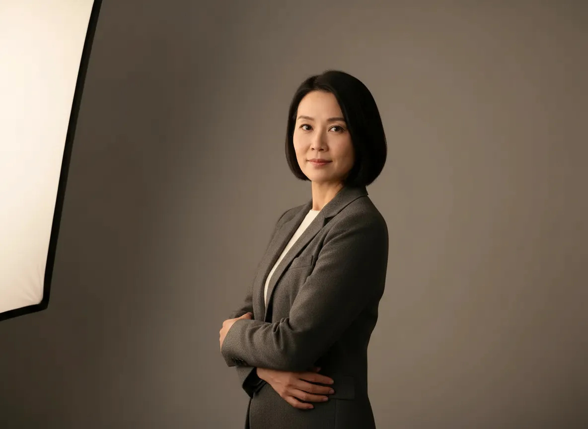 The same woman with the same face, hair, blazer and backdrop, now turned into a three-quarter stance with her arms folded, under the same softbox in the same studio light
