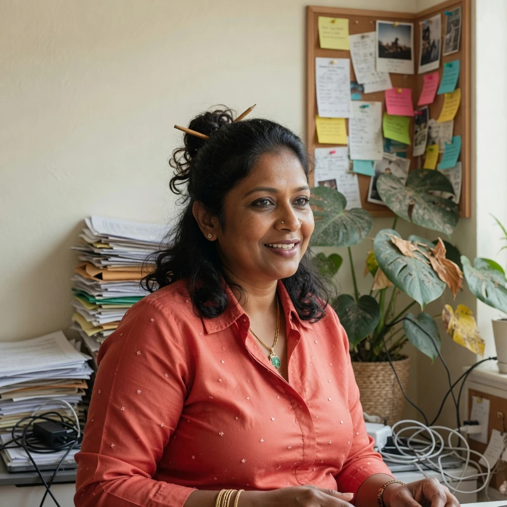 A woman in a coral shirt at her desk in a home office, with a corkboard of pinned notes, a tall stack of loose papers and a tangle of white cables filling the wall behind her