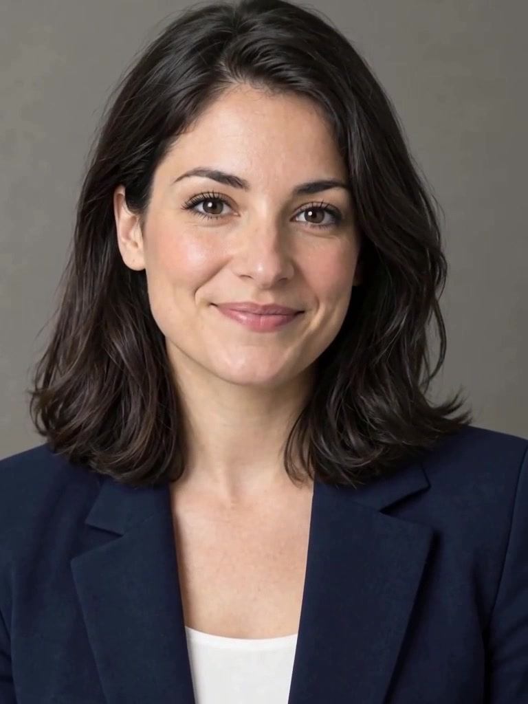 Frame from a real Imagera Hermes Lipsync output: an invented woman with shoulder-length dark hair in a navy blazer, smiling mid-sentence against a plain grey backdrop