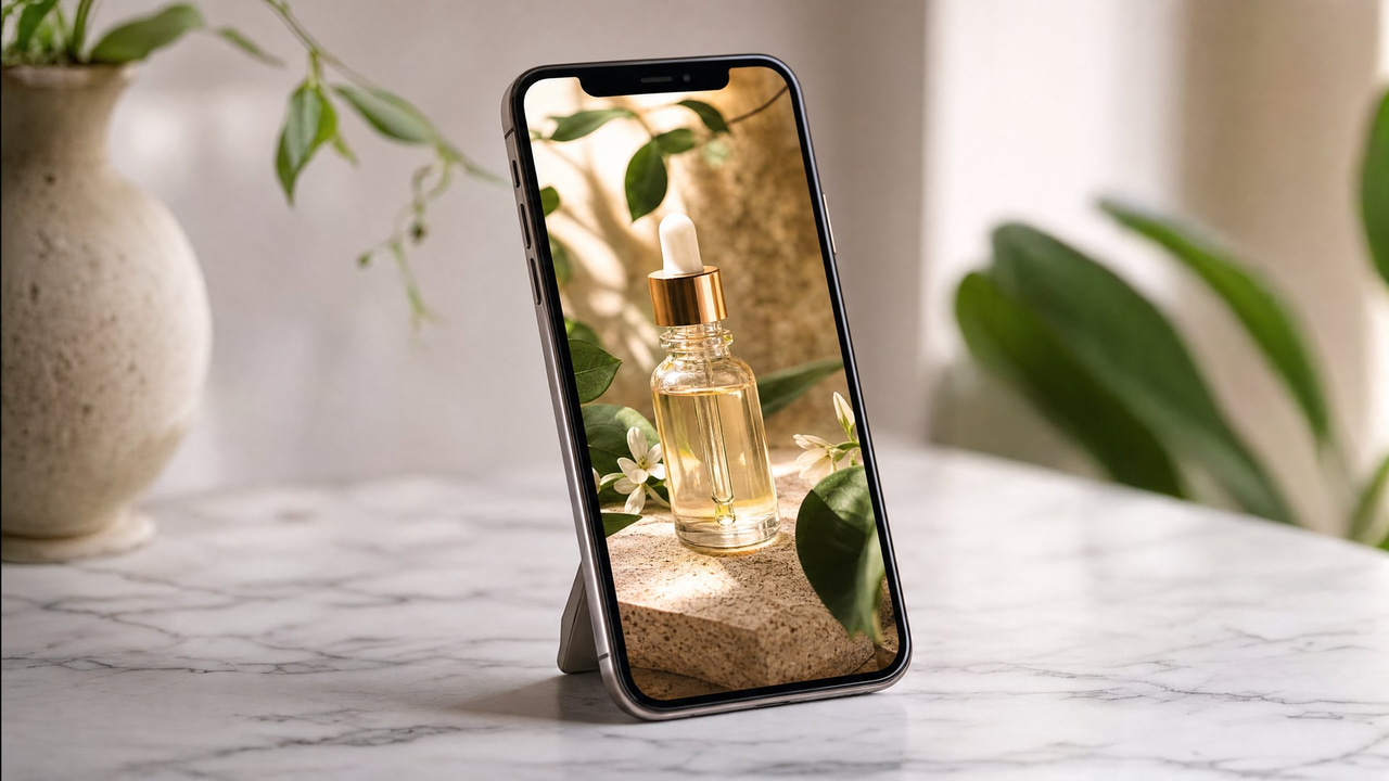 A smartphone displaying a professional AI-generated UGC-style product reel video of a skincare bottle on a clean studio surface