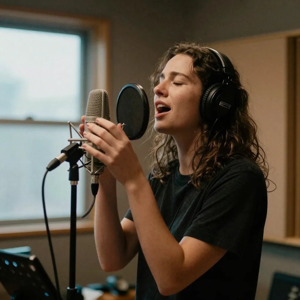 A singer in headphones performing into a shock-mounted studio microphone behind a round pop filter, eyes closed, a music stand in front of her