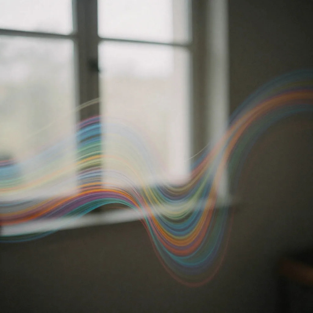 Long-exposure streaks of coloured light curving in a wave across a dim room, a bright window blurred behind them