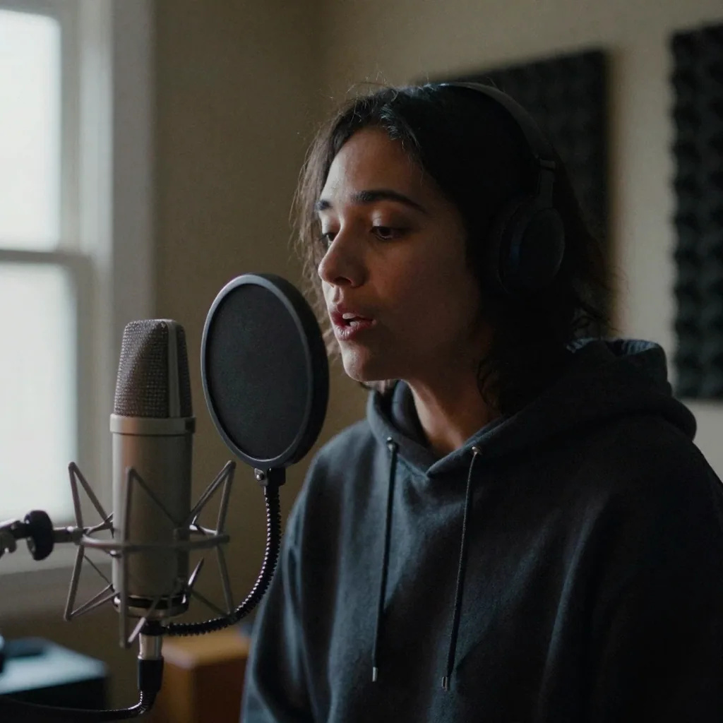 Illustration: a woman in a dark hoodie and over-ear headphones speaking into a studio microphone behind a round pop filter, in a dim room with acoustic foam on the wall