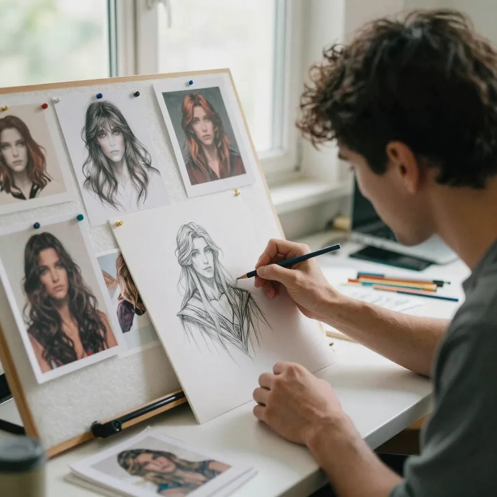 Illustration: a concept artist at a desk by a bright window, pencil-sketching a long-haired figure on a large sheet of paper, with finished colour portraits and pencil studies of several different characters pinned to the corkboard behind