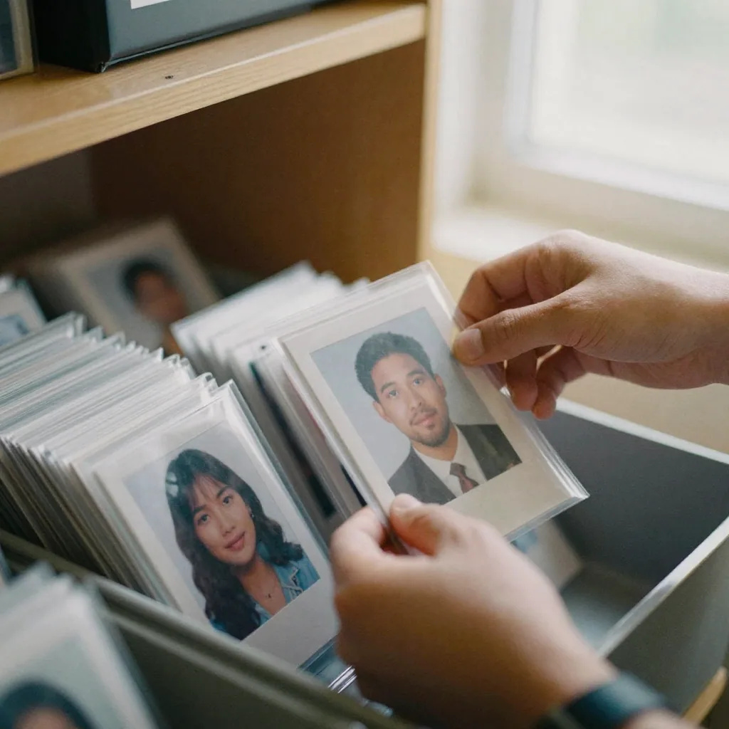 Illustration: a hand lifting one sleeved portrait card out of a wooden drawer packed with upright filed cards, each holding a portrait of a different person, with daylight from a window behind