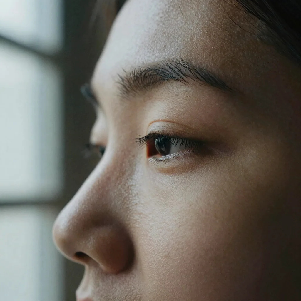 Illustration: extreme close-up of a young woman’s eye, brow and nose in profile beside a bright window