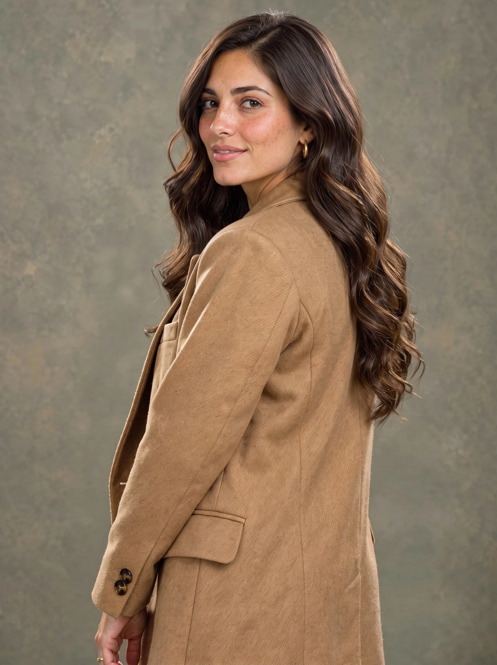 The same woman, coat, pose and backdrop, with her hair changed to long, loose dark brown waves falling past her shoulders