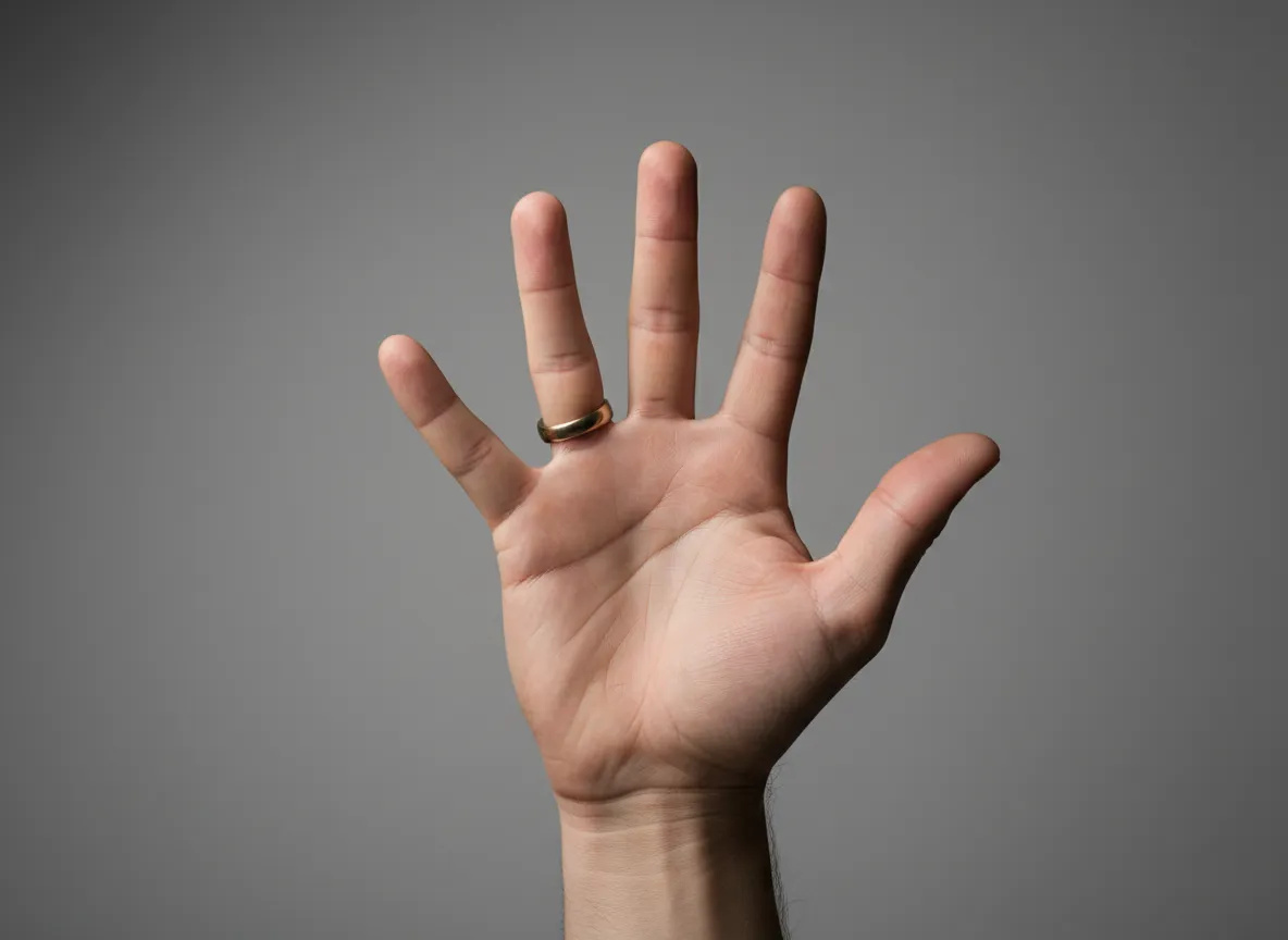 An AI-generated open palm on a soft grey studio backdrop with six digits — five fingers crowded together plus a thumb — the classic generator failure