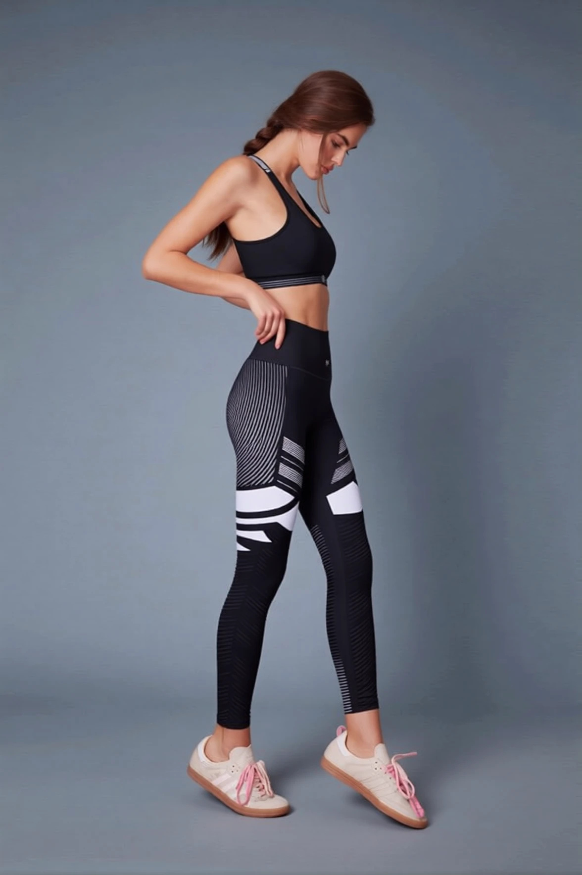 The same model, pose and light, with the set recolored to black with white and gray geometric panels across the hip and thigh, on a cool gray-blue backdrop